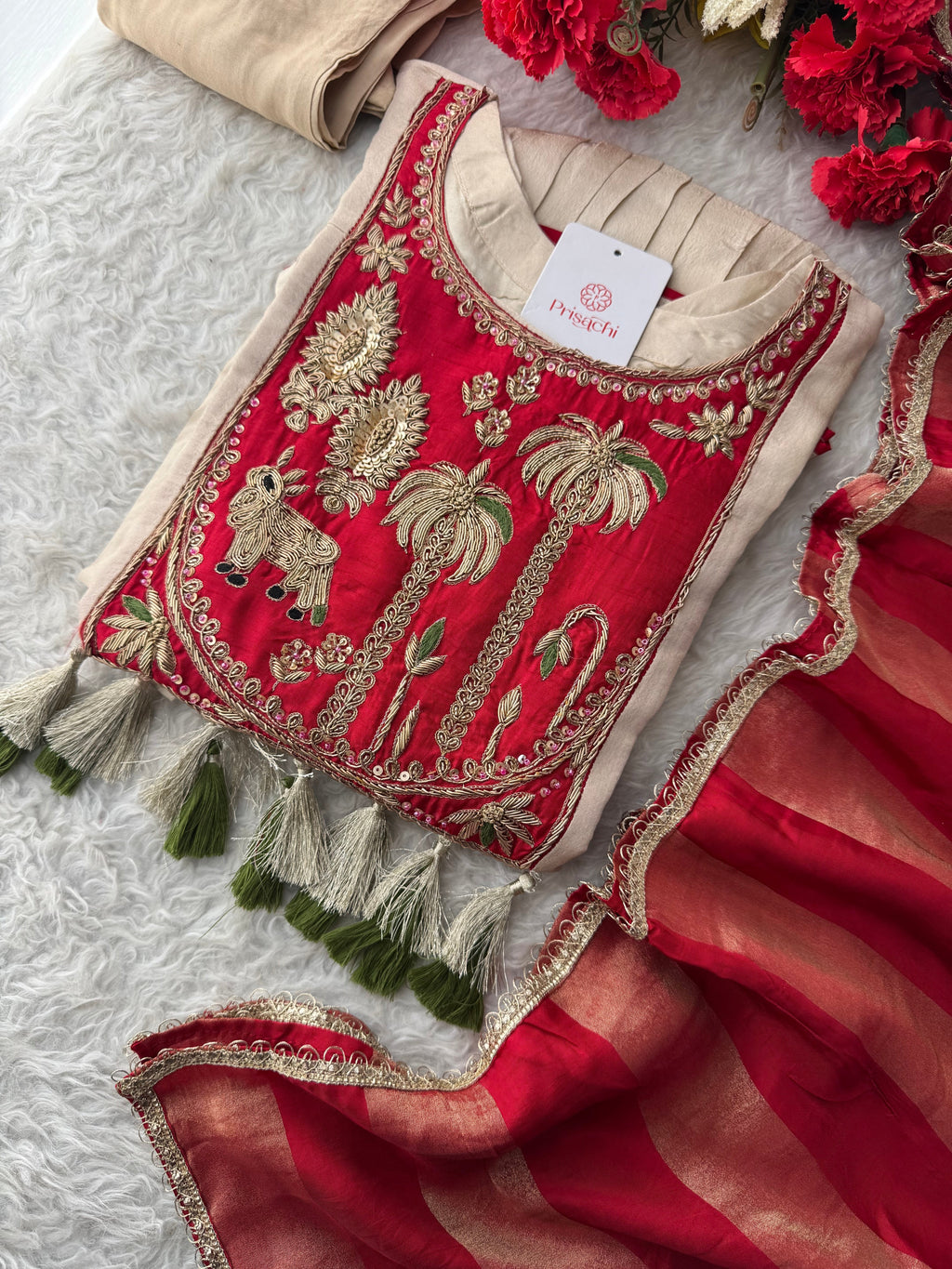 Women Cream Embroidered A-Line Kurta Set with Pants & Red Dupatta | Designer Festive Ethnic Wear Suit Set