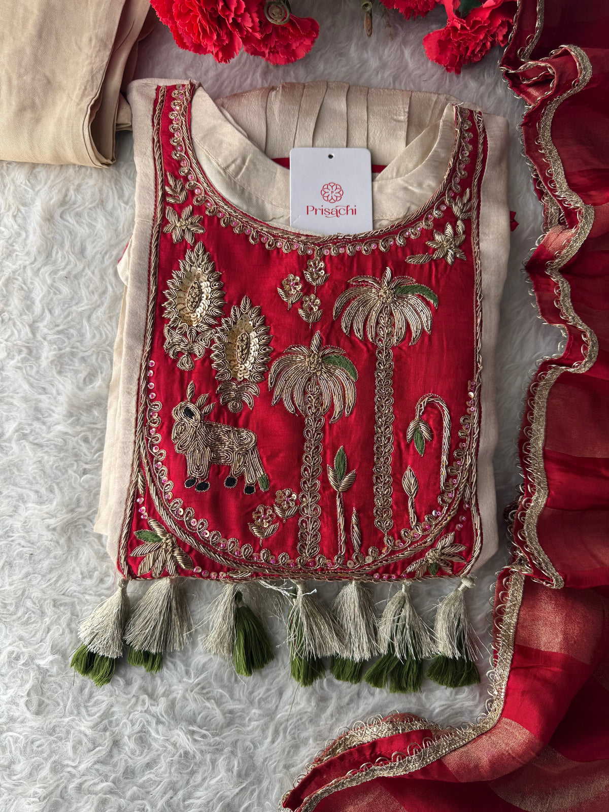 Women Cream Embroidered A-Line Kurta Set with Pants & Red Dupatta | Designer Festive Ethnic Wear Suit Set
