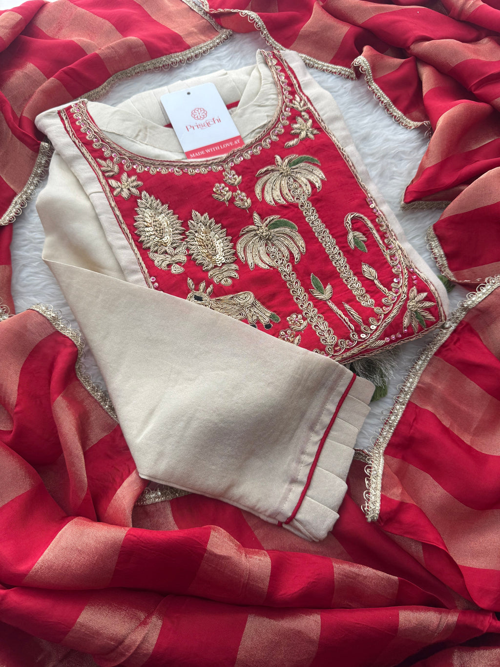 Women Cream Embroidered A-Line Kurta Set with Pants & Red Dupatta | Designer Festive Ethnic Wear Suit Set