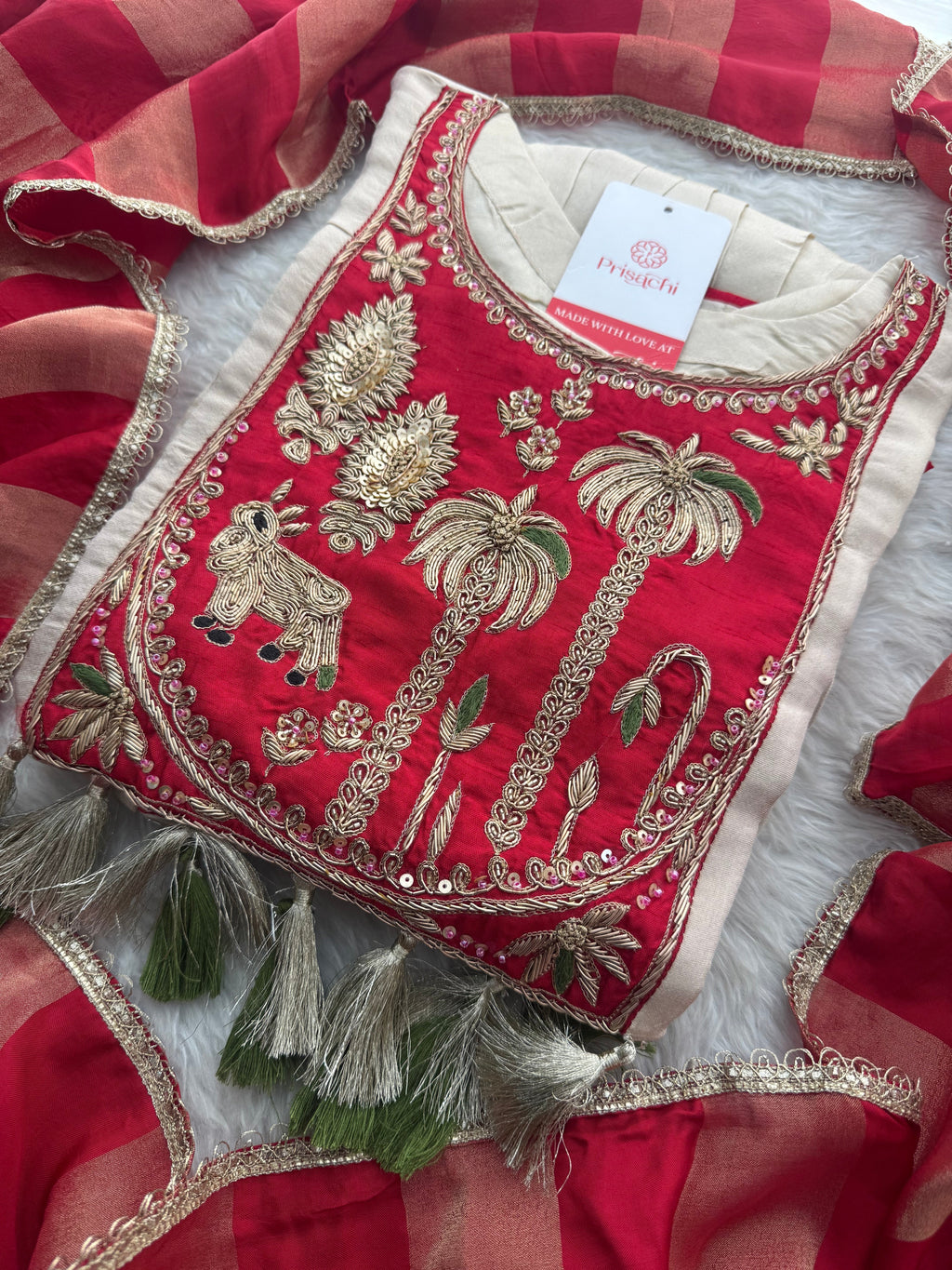 Women Cream Embroidered A-Line Kurta Set with Pants & Red Dupatta | Designer Festive Ethnic Wear Suit Set