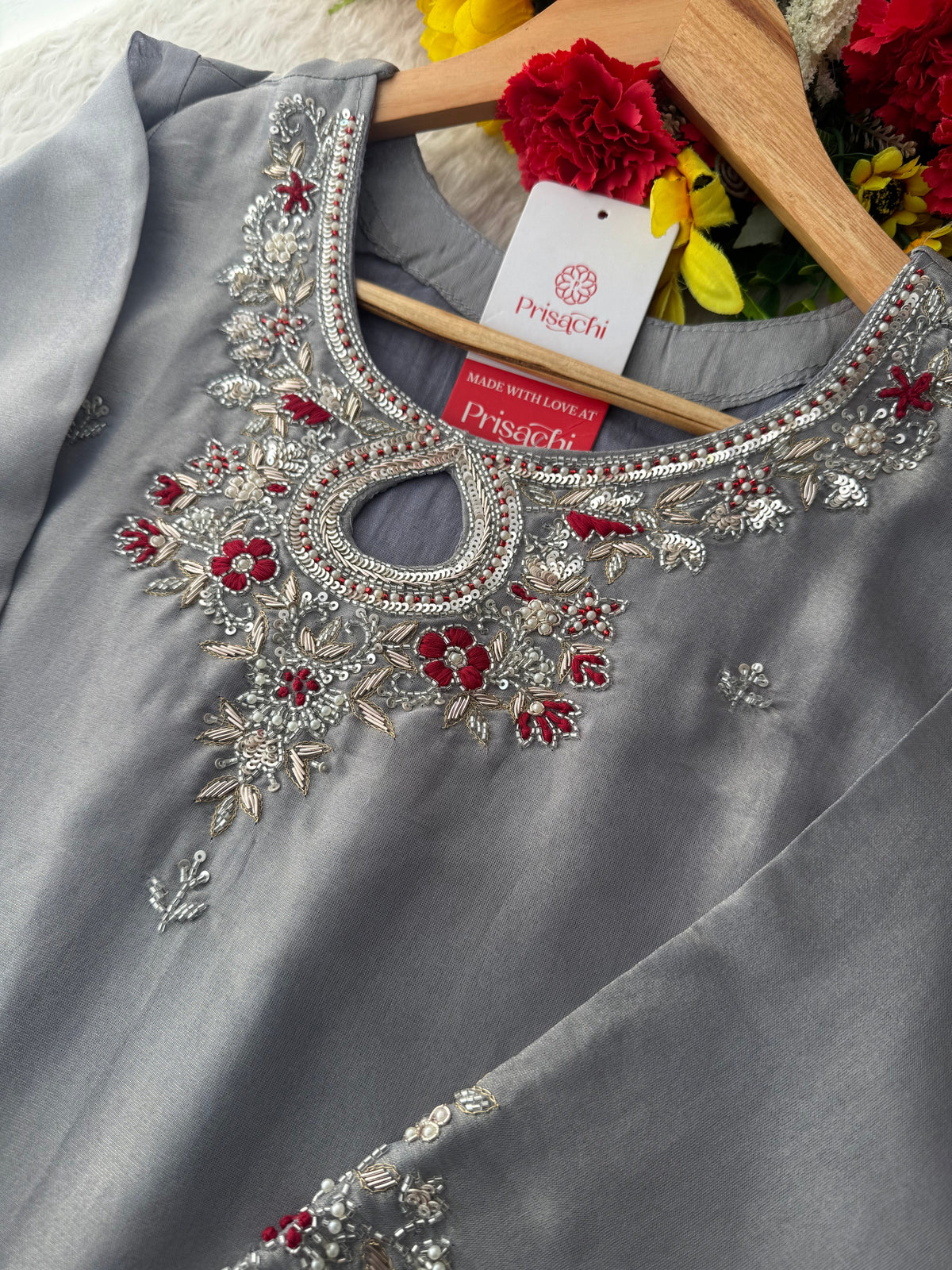 Grey Designer Embroidered Ethnic Kurti Sharara Suit Set with Dupatta | Festive Wedding Wear