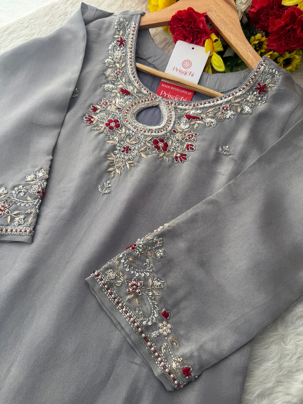 Grey Designer Embroidered Ethnic Kurti Sharara Suit Set with Dupatta | Festive Wedding Wear