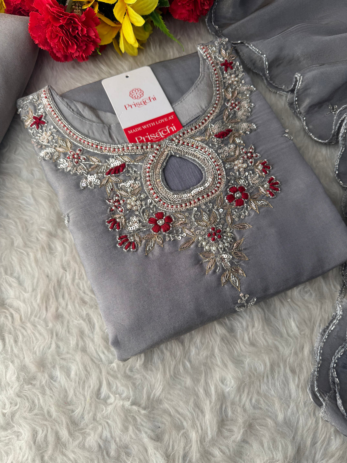 Grey Designer Embroidered Ethnic Kurti Sharara Suit Set with Dupatta | Festive Wedding Wear