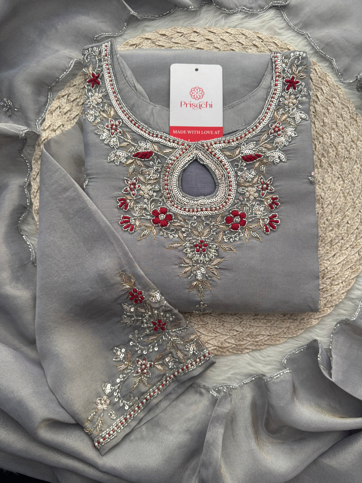 Grey Designer Embroidered Ethnic Kurti Sharara Suit Set with Dupatta | Festive Wedding Wear