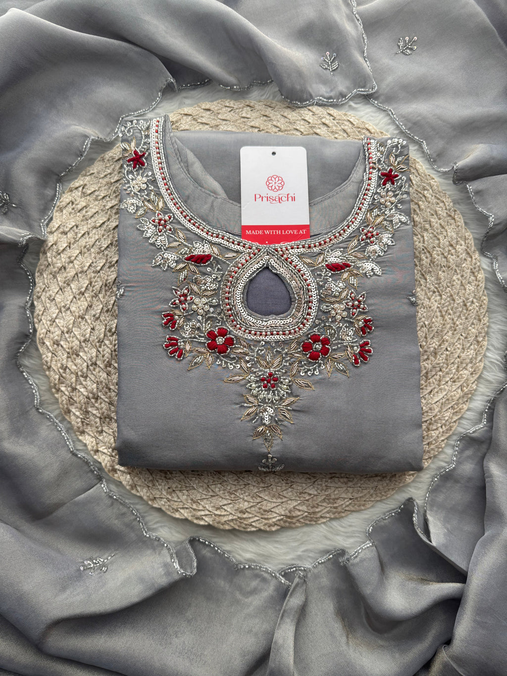 Grey Designer Embroidered Ethnic Kurti Sharara Suit Set with Dupatta | Festive Wedding Wear