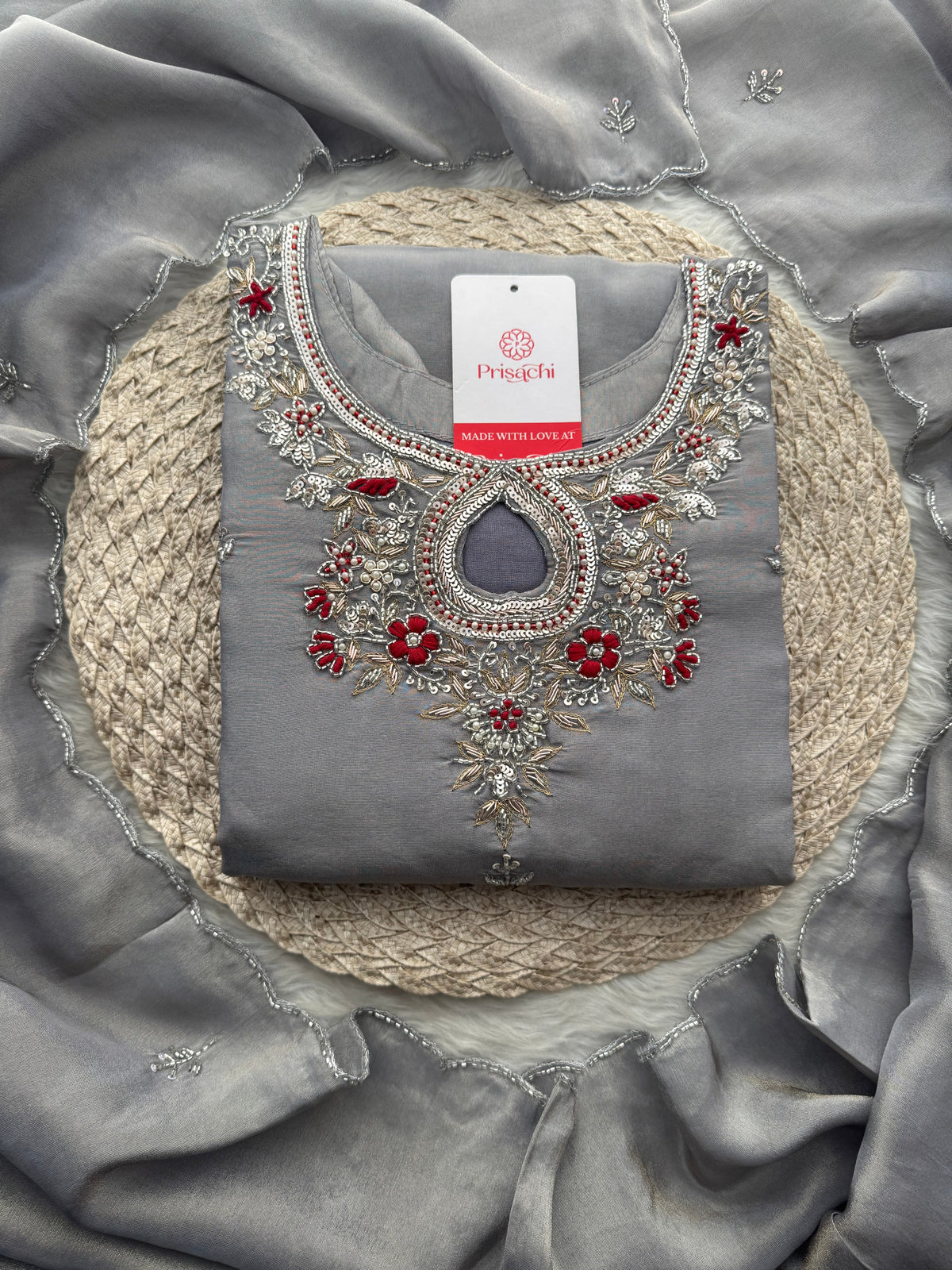 Grey Designer Embroidered Ethnic Kurti Sharara Suit Set with Dupatta | Festive Wedding Wear