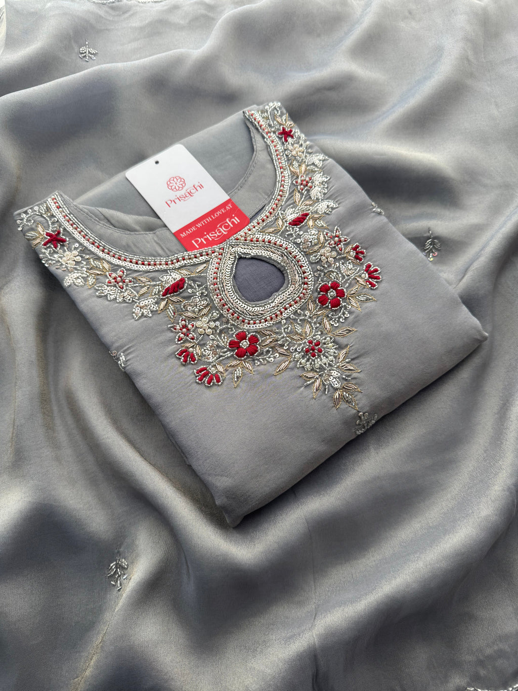 Grey Designer Embroidered Ethnic Kurti Sharara Suit Set with Dupatta | Festive Wedding Wear