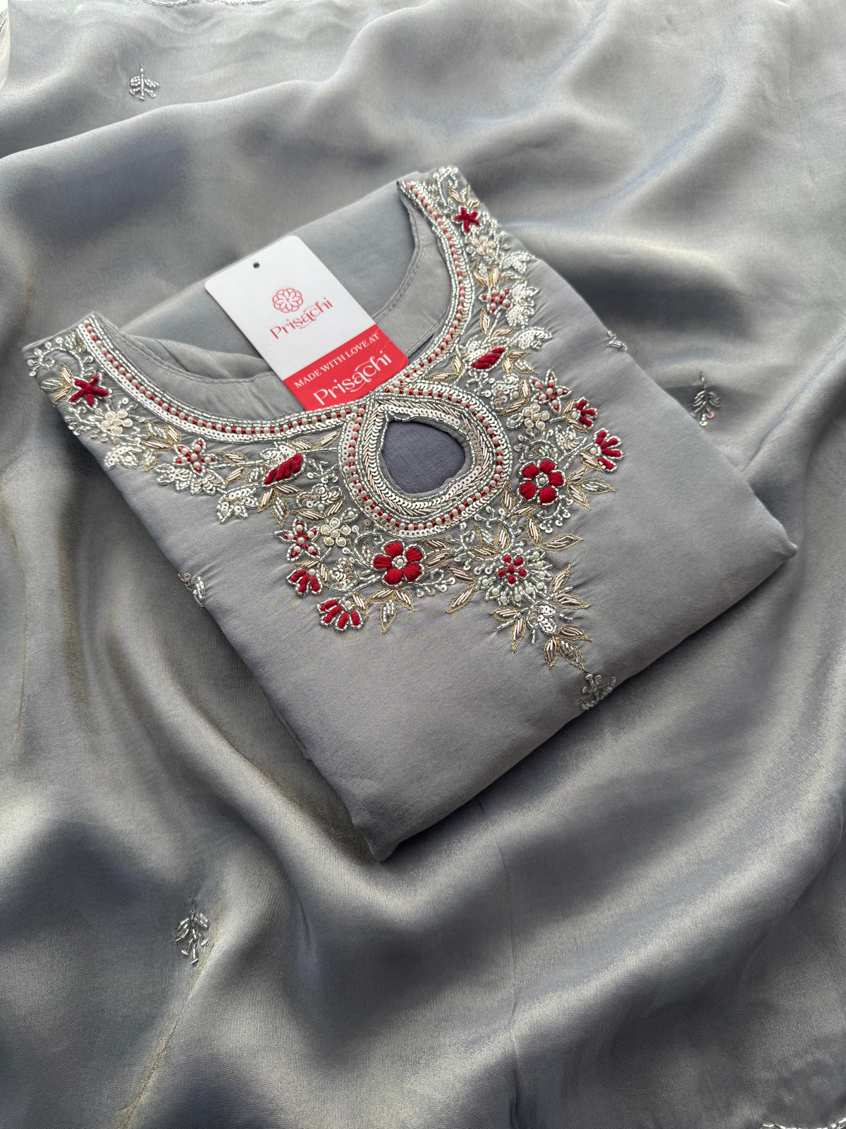 Grey Designer Embroidered Ethnic Kurti Sharara Suit Set with Dupatta | Festive Wedding Wear