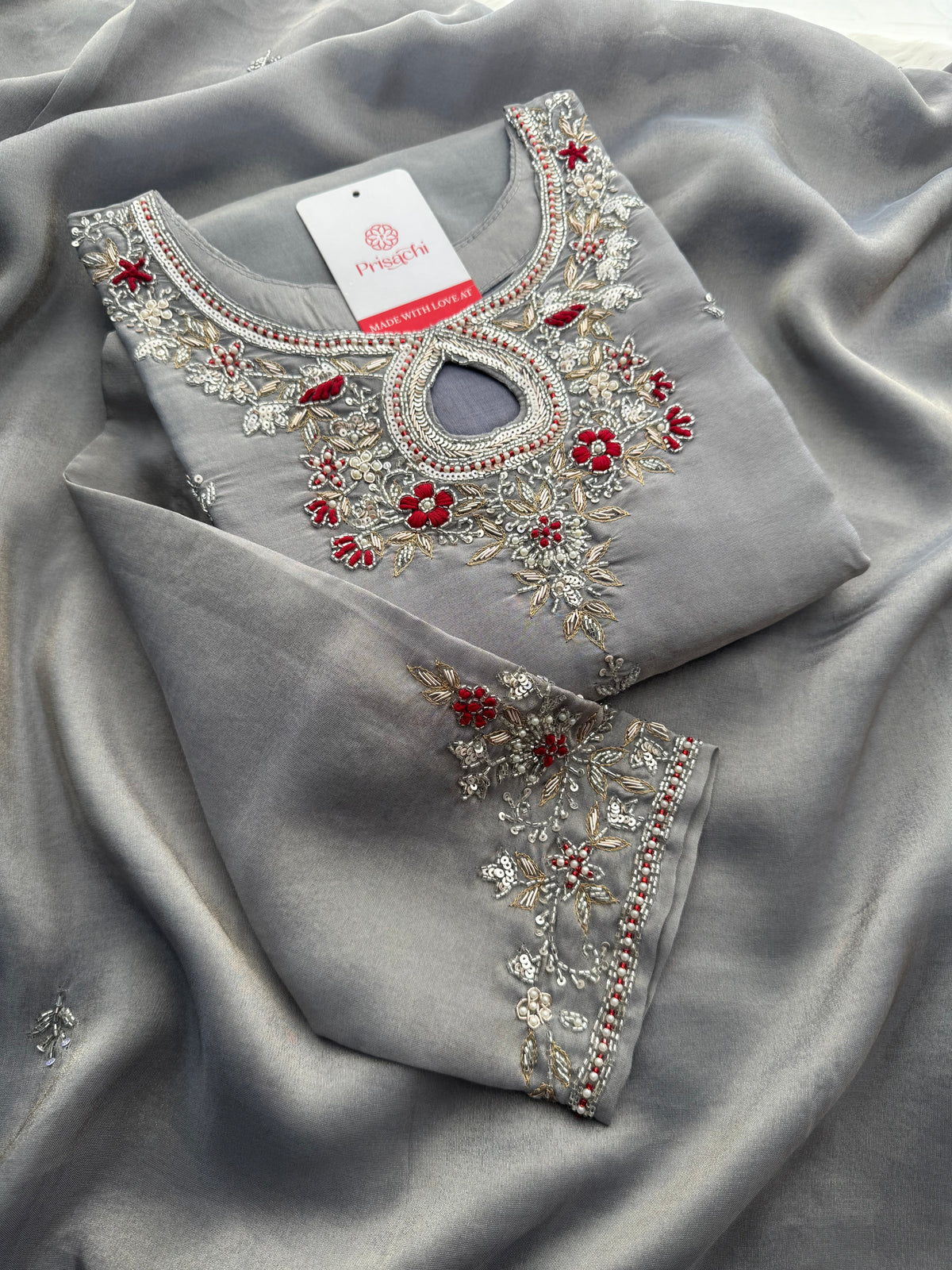 Grey Designer Embroidered Ethnic Kurti Sharara Suit Set with Dupatta | Festive Wedding Wear