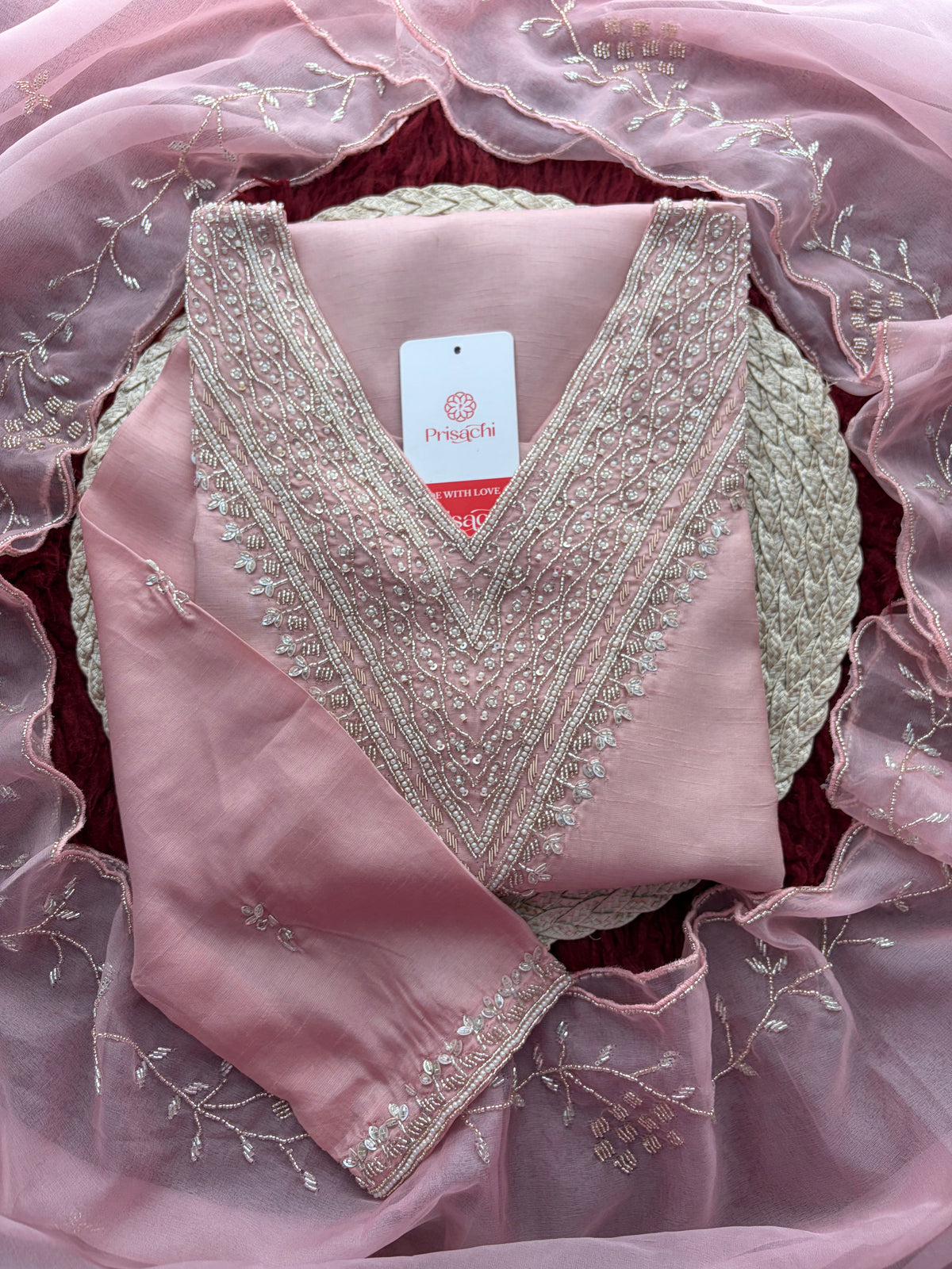 Pink Zardozi Embroidered Kurta Set for Women with Pants & Dupatta | Festive Ethnic wear