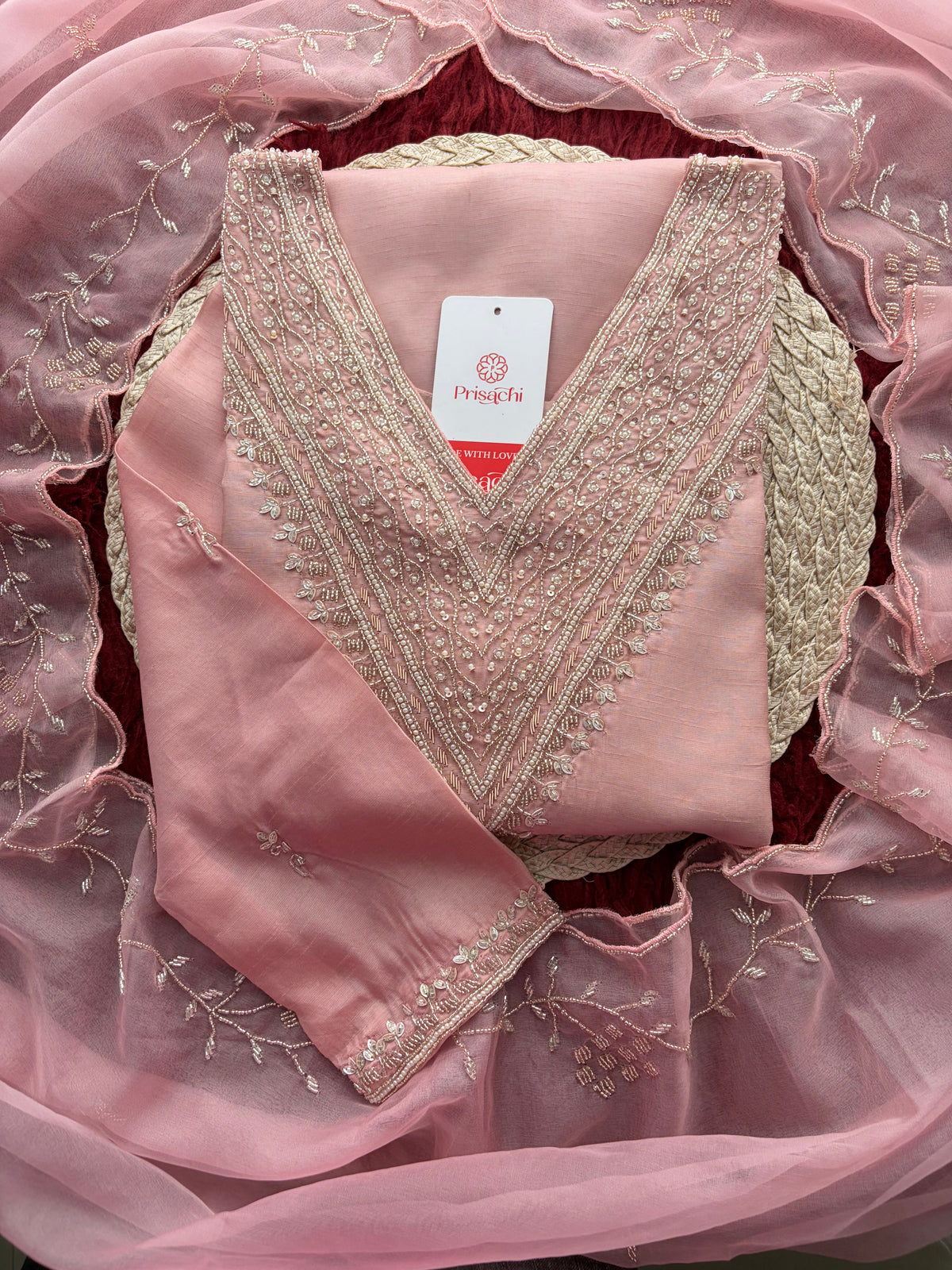 Pink Zardozi Embroidered Kurta Set for Women with Pants & Dupatta | Festive Ethnic wear