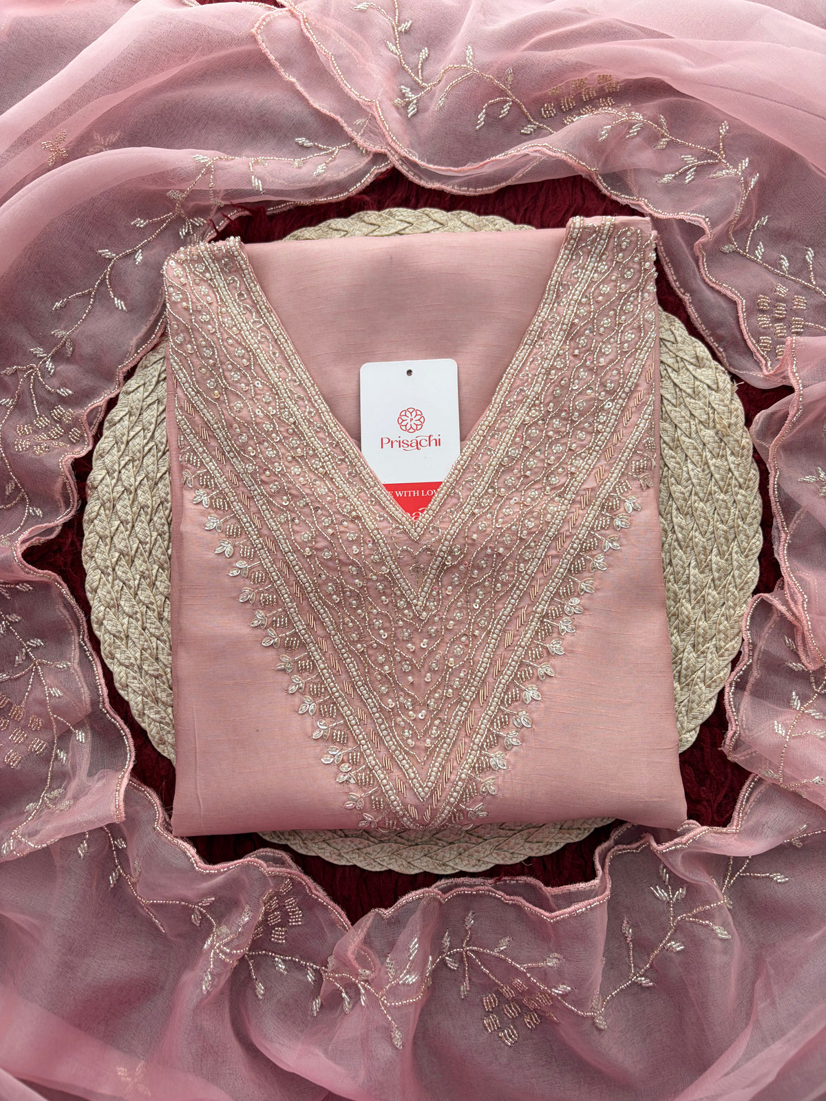 Pink Zardozi Embroidered Kurta Set for Women with Pants & Dupatta | Festive Ethnic wear
