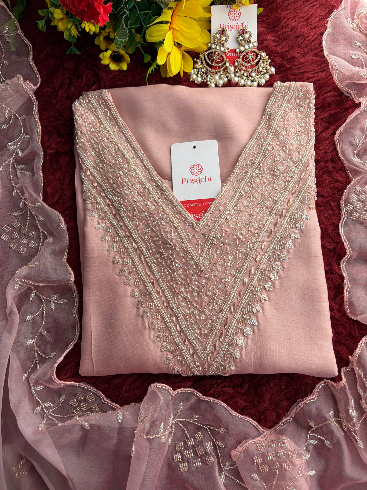Pink Zardozi Embroidered Kurta Set for Women with Pants & Dupatta | Festive Ethnic wear