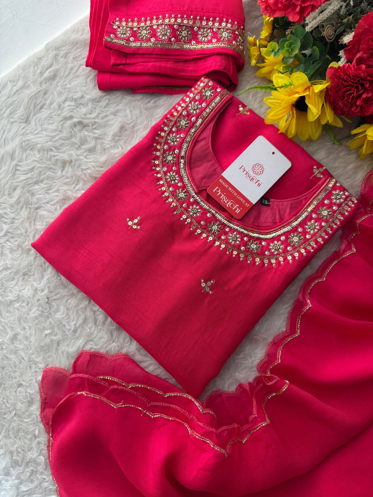 Designer Pink Embroidered Ethnic Kurta Set with Pant & Dupatta