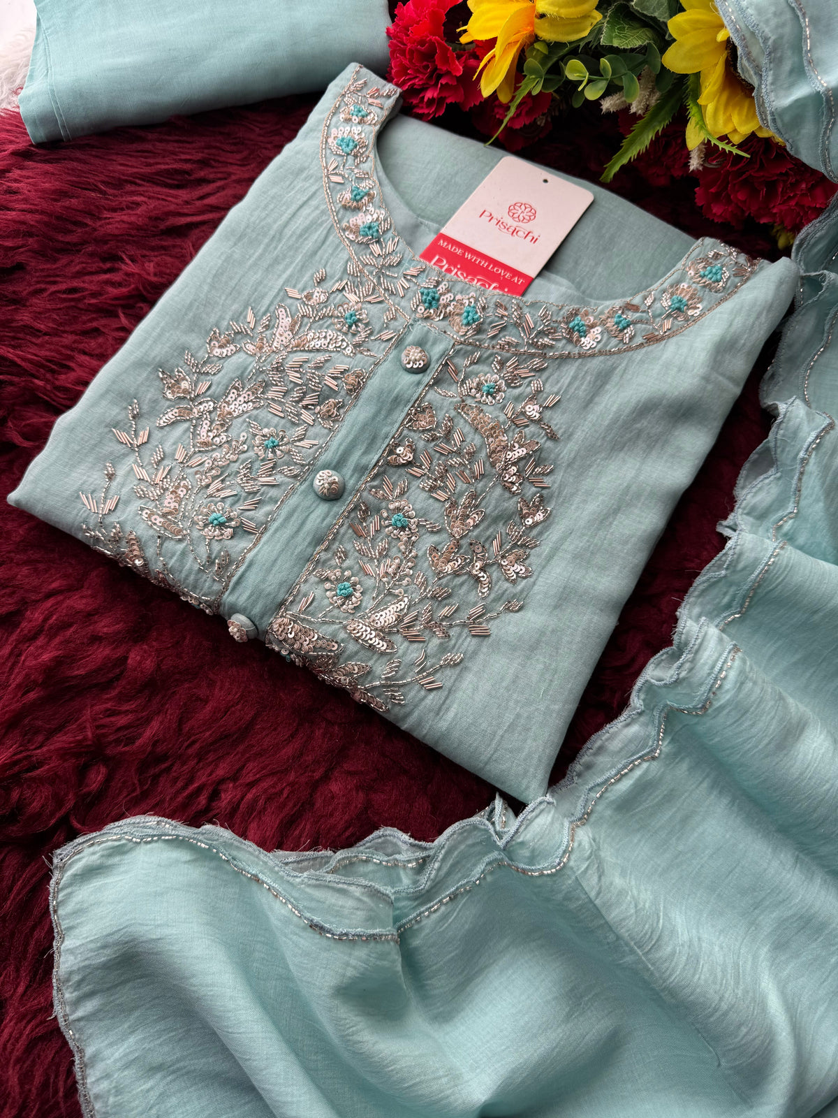 Designer Blue Embroidered Ethnic Kurta Set with Pant & Dupatta for Womens