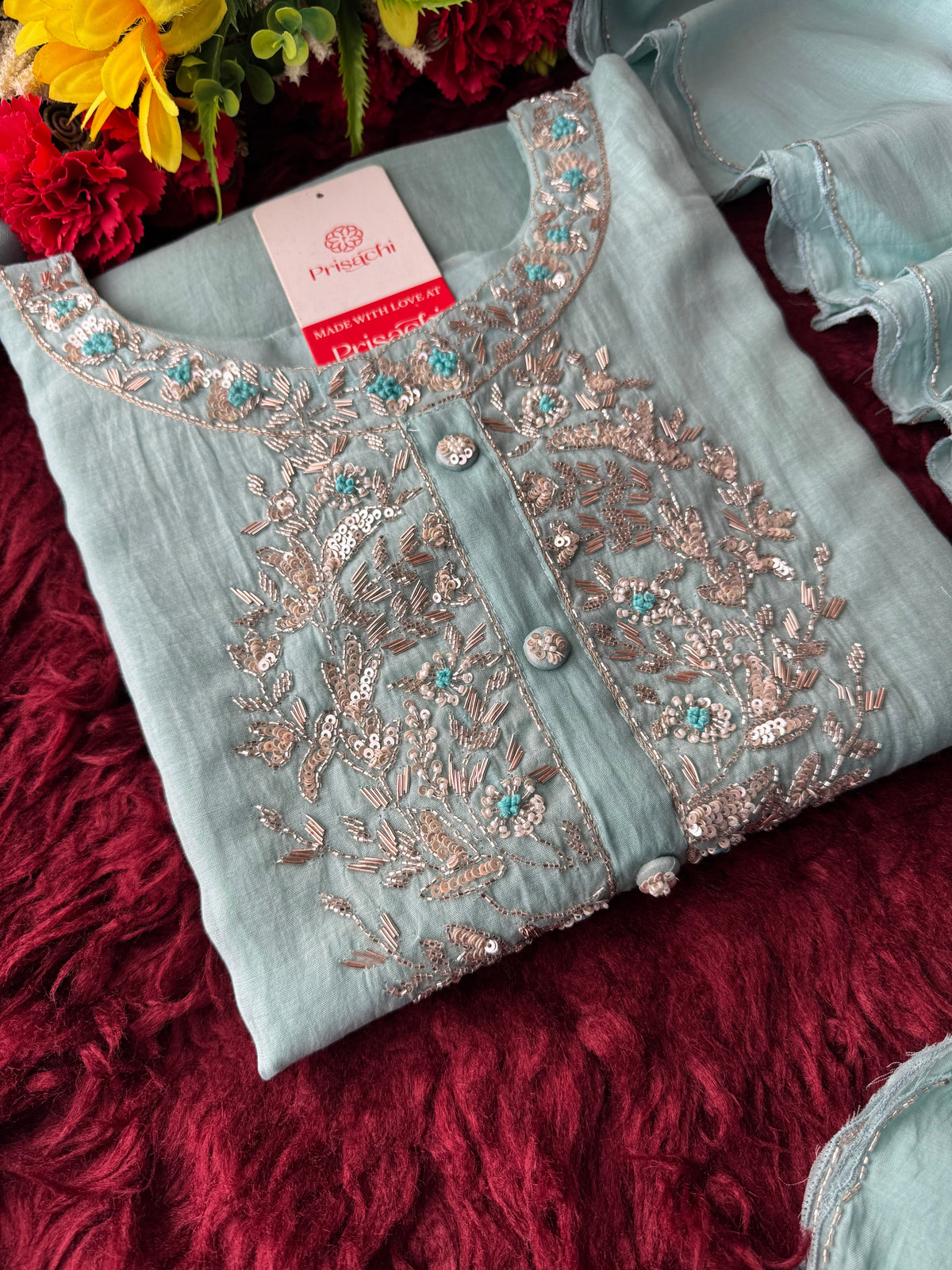 Designer Blue Embroidered Ethnic Kurta Set with Pant & Dupatta for Womens