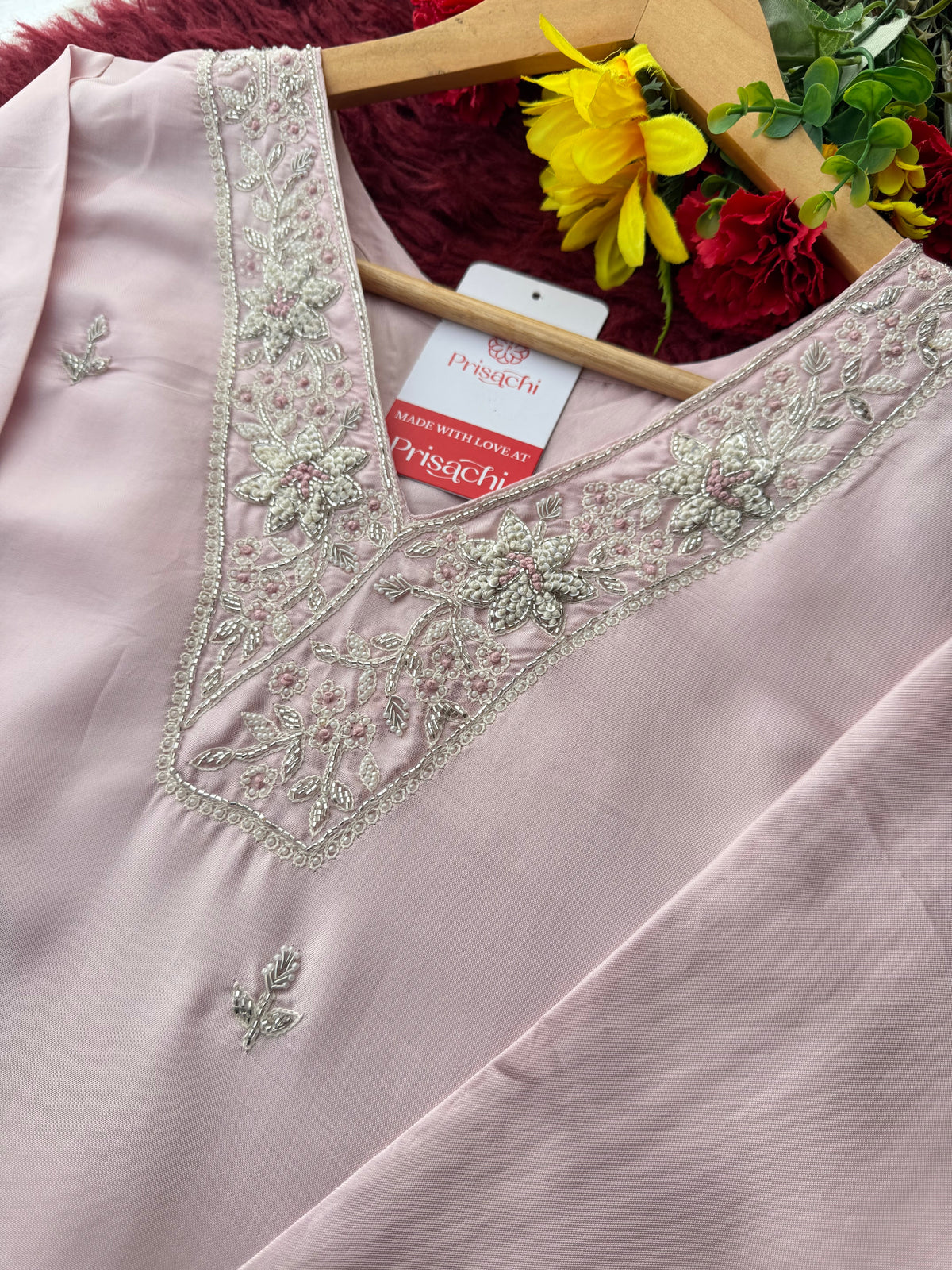 Designer Baby Pink  Embroidered Ethnic Kurta Set with Pant & Dupatta for Womens