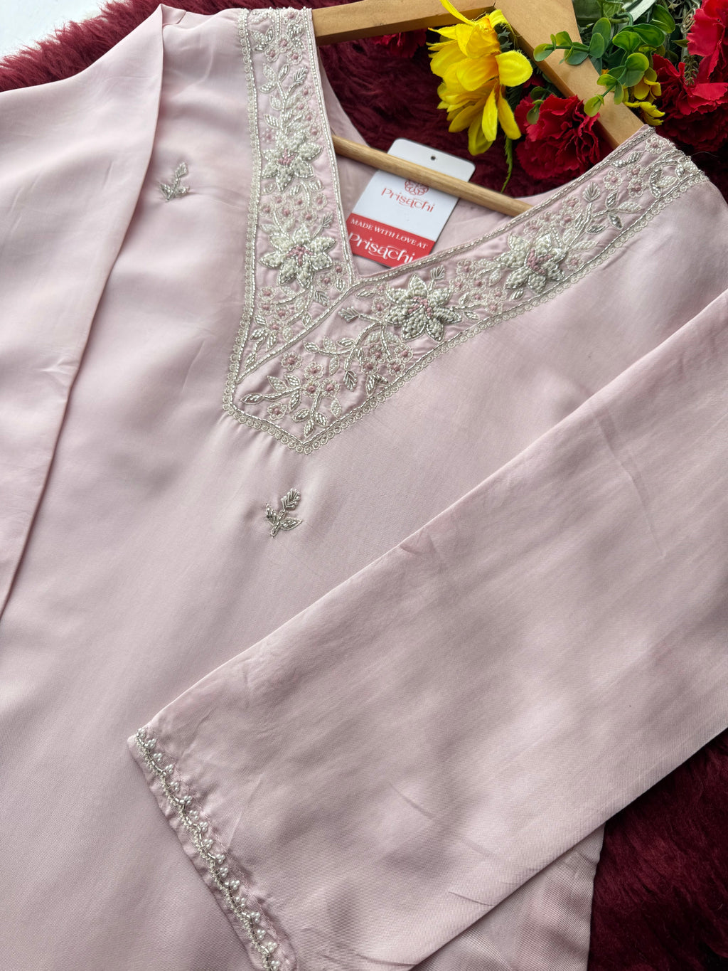 Designer Baby Pink  Embroidered Ethnic Kurta Set with Pant & Dupatta for Womens