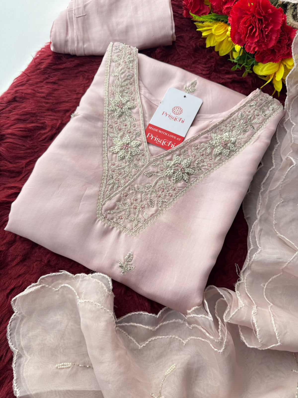 Designer Baby Pink  Embroidered Ethnic Kurta Set with Pant & Dupatta for Womens