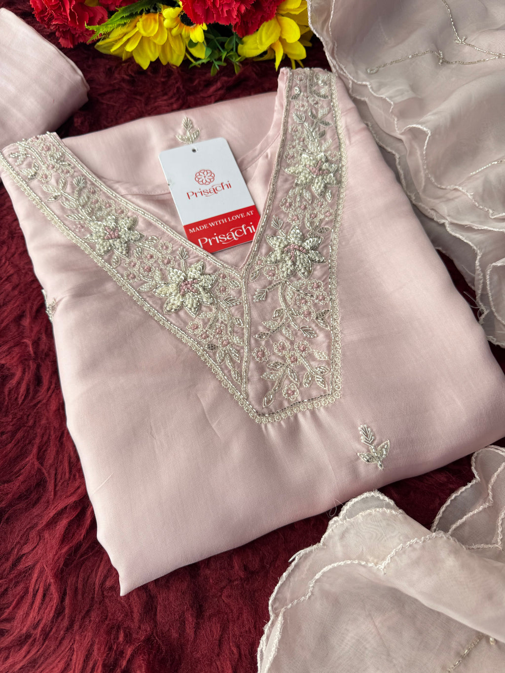 Designer Baby Pink  Embroidered Ethnic Kurta Set with Pant & Dupatta for Womens