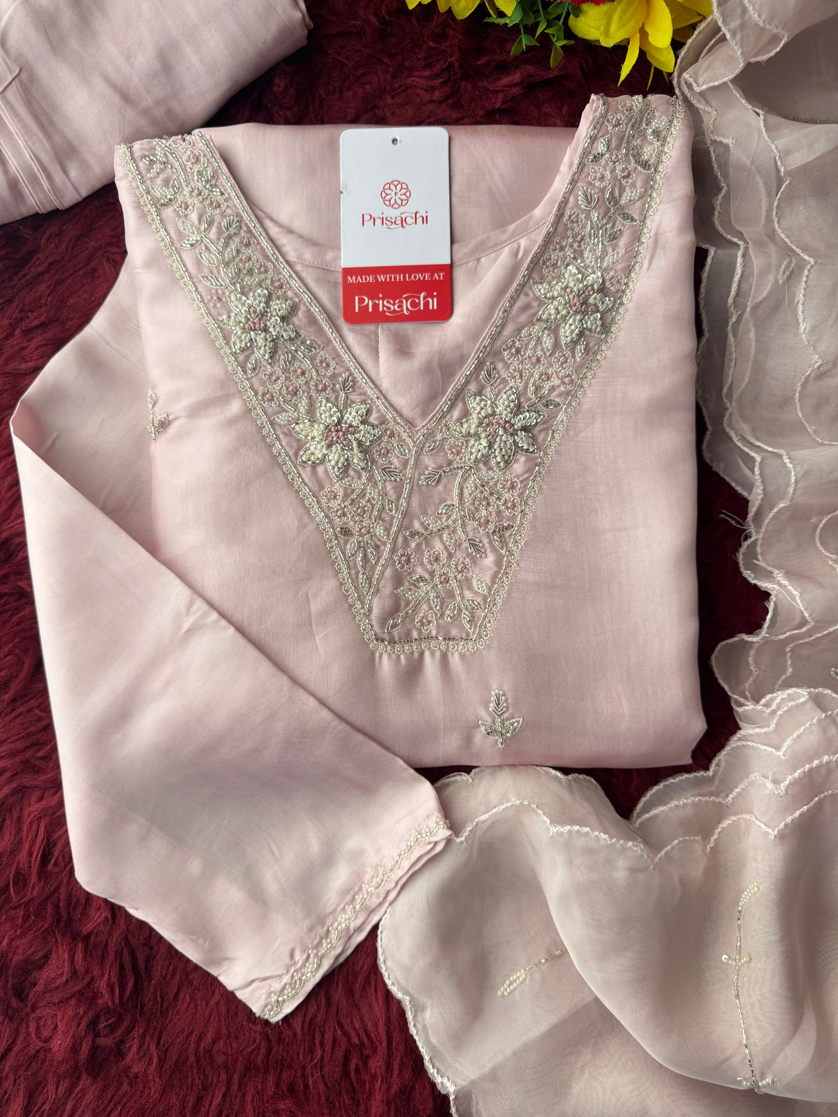 Designer Baby Pink  Embroidered Ethnic Kurta Set with Pant & Dupatta for Womens