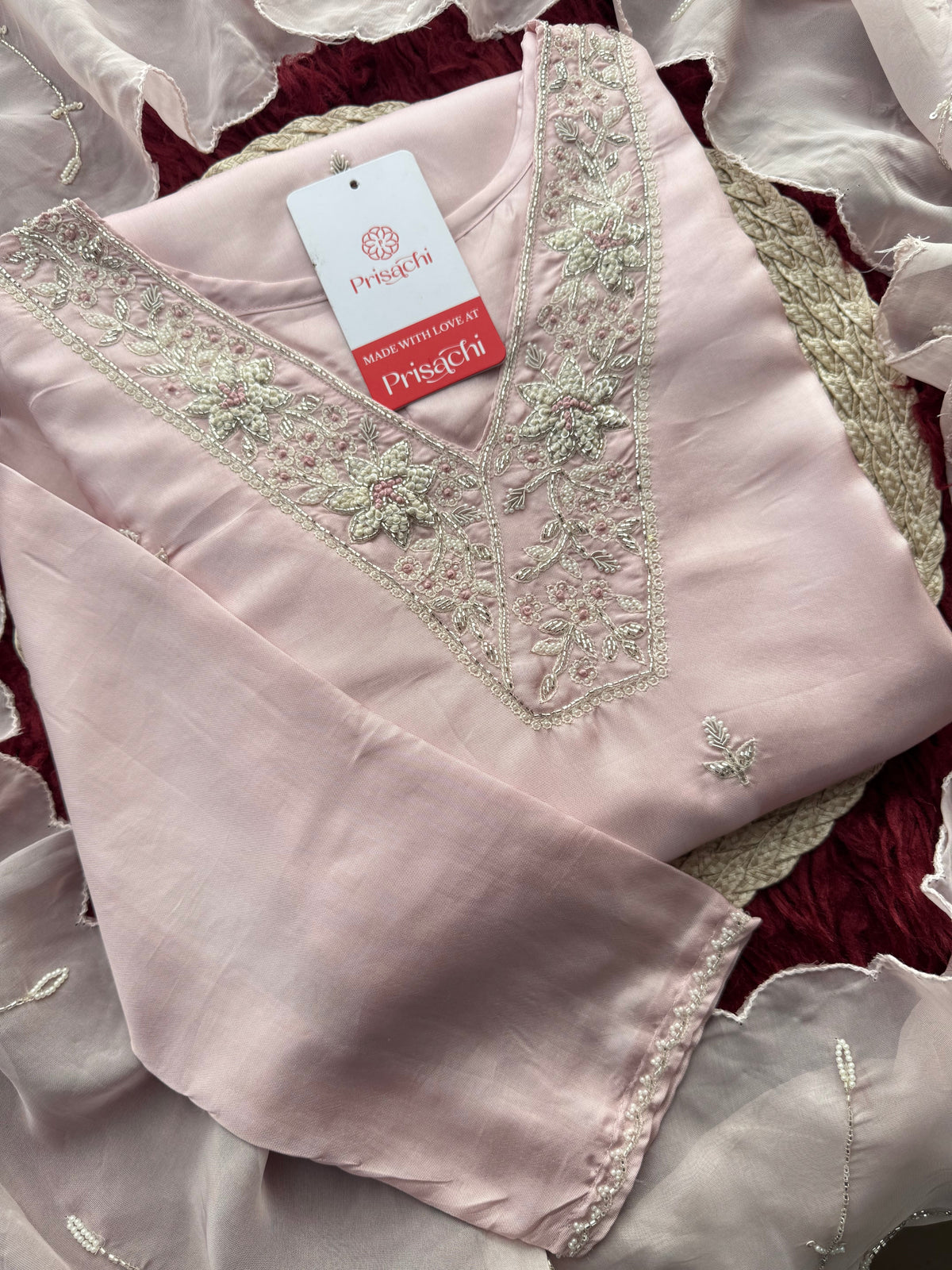 Designer Baby Pink  Embroidered Ethnic Kurta Set with Pant & Dupatta for Womens