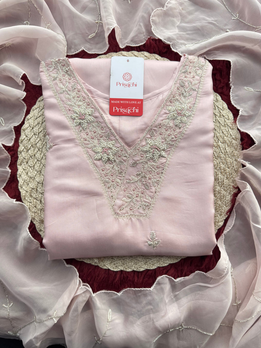 Designer Baby Pink  Embroidered Ethnic Kurta Set with Pant & Dupatta for Womens