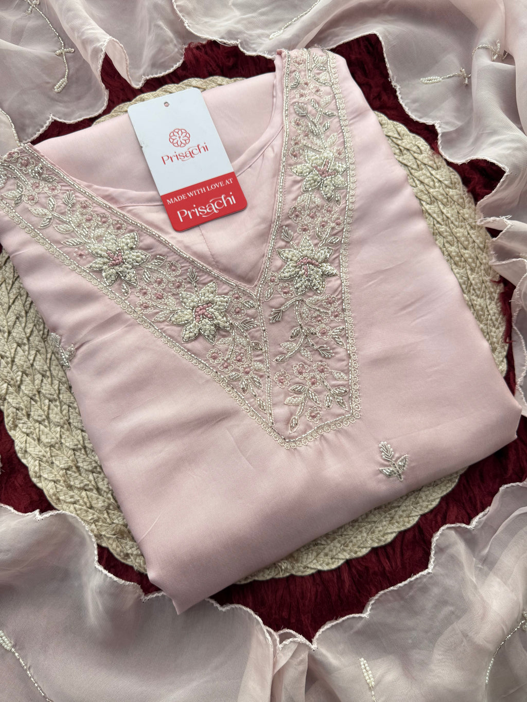 Designer Baby Pink  Embroidered Ethnic Kurta Set with Pant & Dupatta for Womens