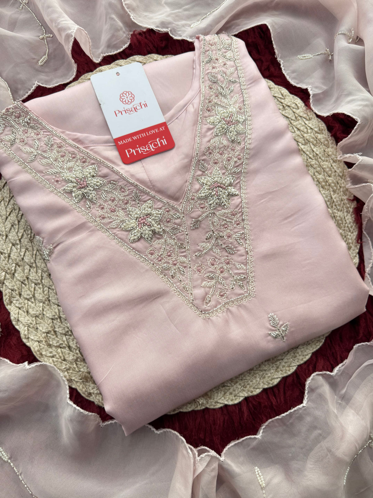 Designer Baby Pink  Embroidered Ethnic Kurta Set with Pant & Dupatta for Womens