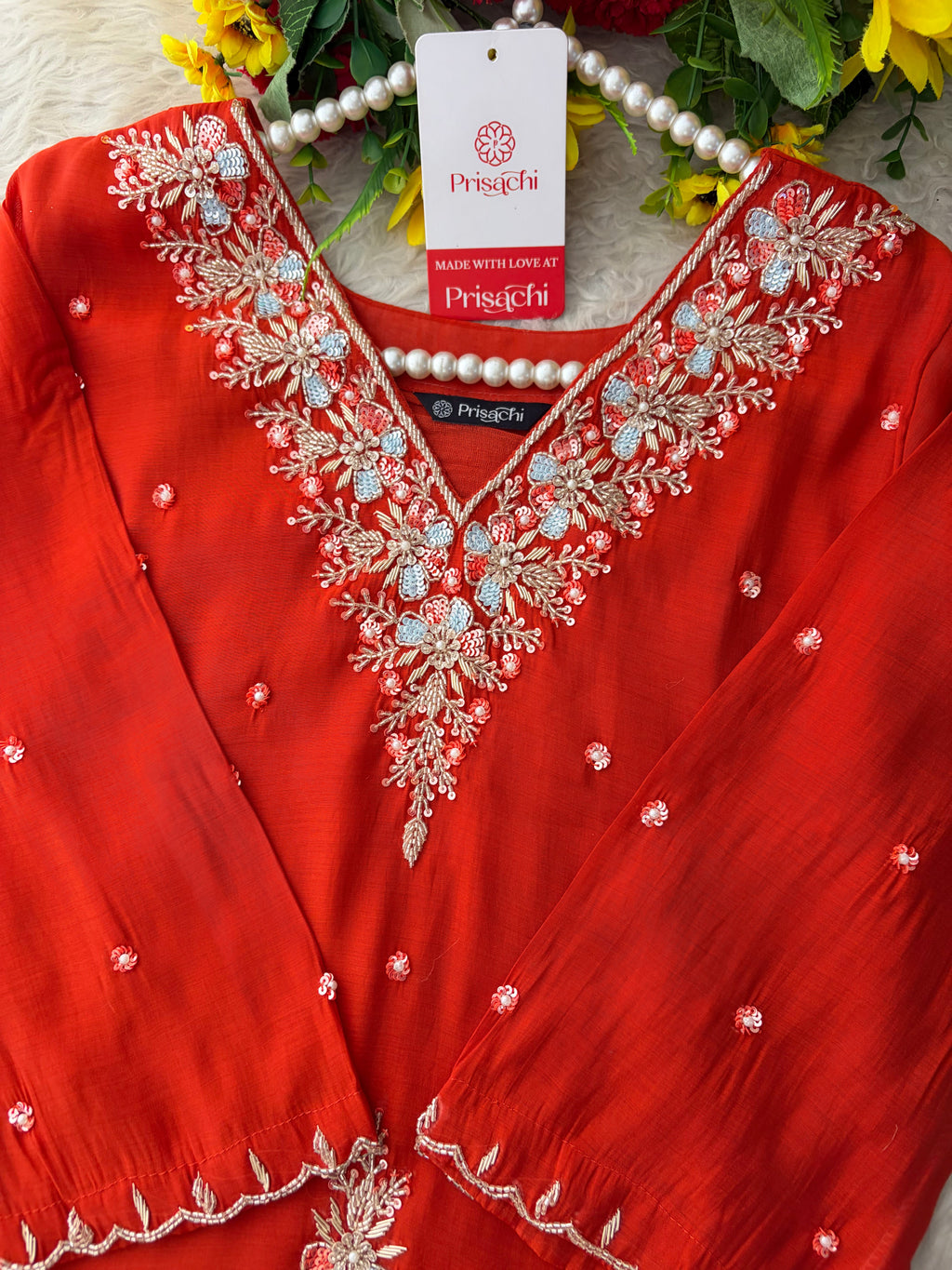 Orange Zardozi Embroidered Ethnic Kurta Set for Women with Dupatta & Pants | Festive Traditional Suit Set