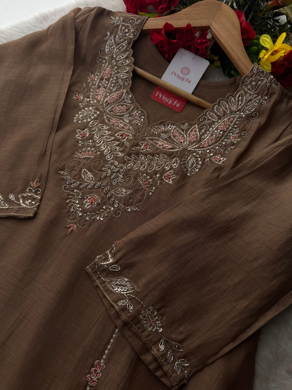 Designer Brown Embroidered A-Line Kurta Set with Dupatta & Pants