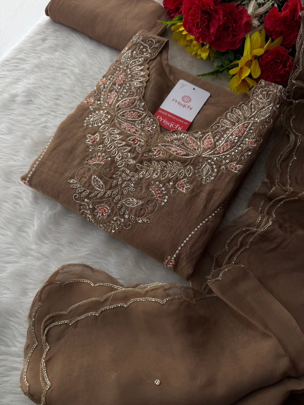 Designer Brown Embroidered A-Line Kurta Set with Dupatta & Pants