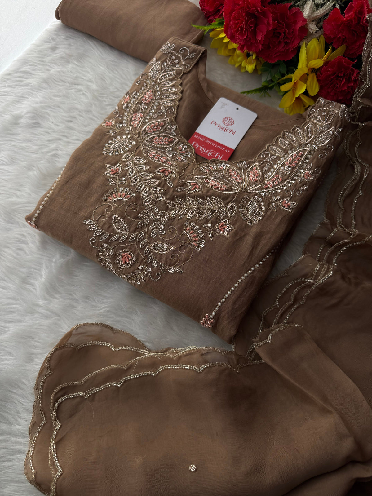 Designer Brown Embroidered A-Line Kurta Set with Dupatta & Pants