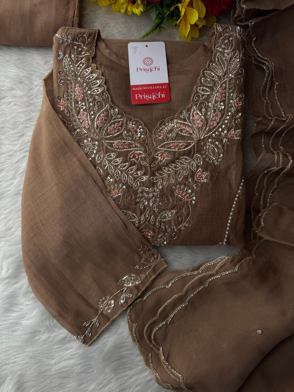 Designer Brown Embroidered A-Line Kurta Set with Dupatta & Pants