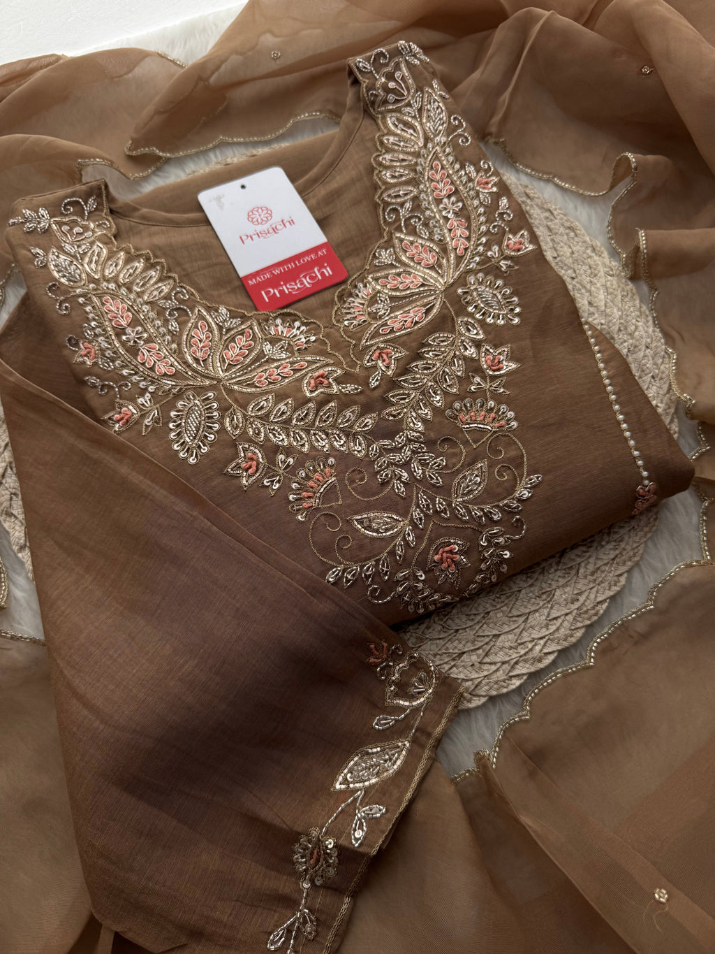 Designer Brown Embroidered A-Line Kurta Set with Dupatta & Pants