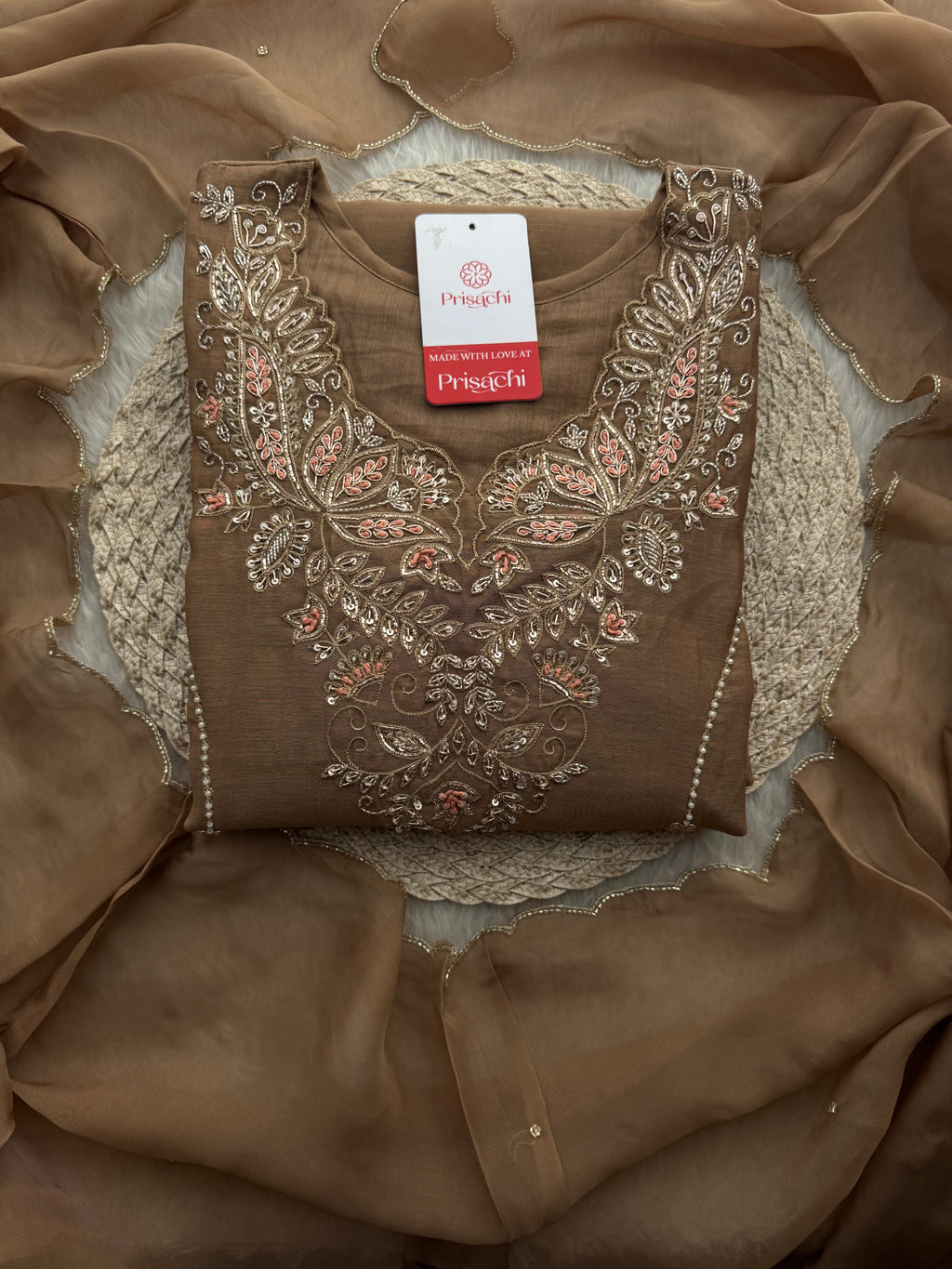 Designer Brown Embroidered A-Line Kurta Set with Dupatta & Pants