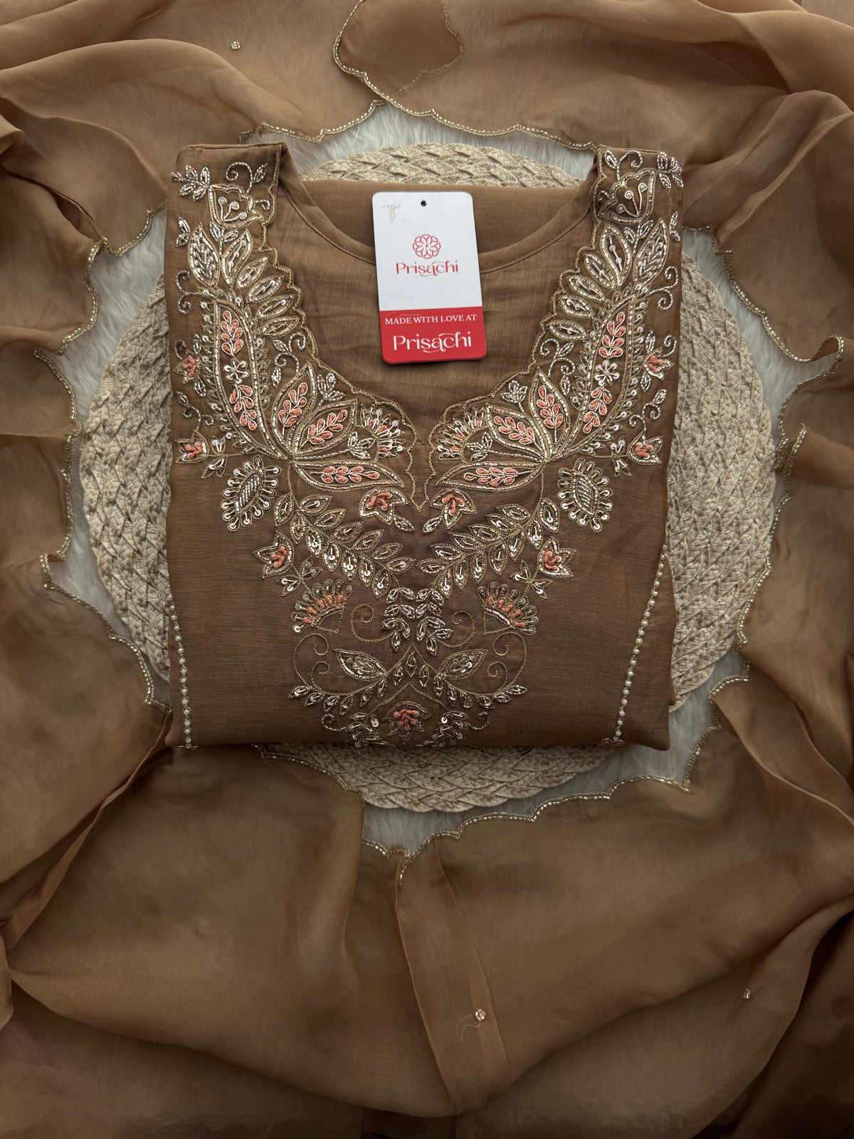 Designer Brown Embroidered A-Line Kurta Set with Dupatta & Pants