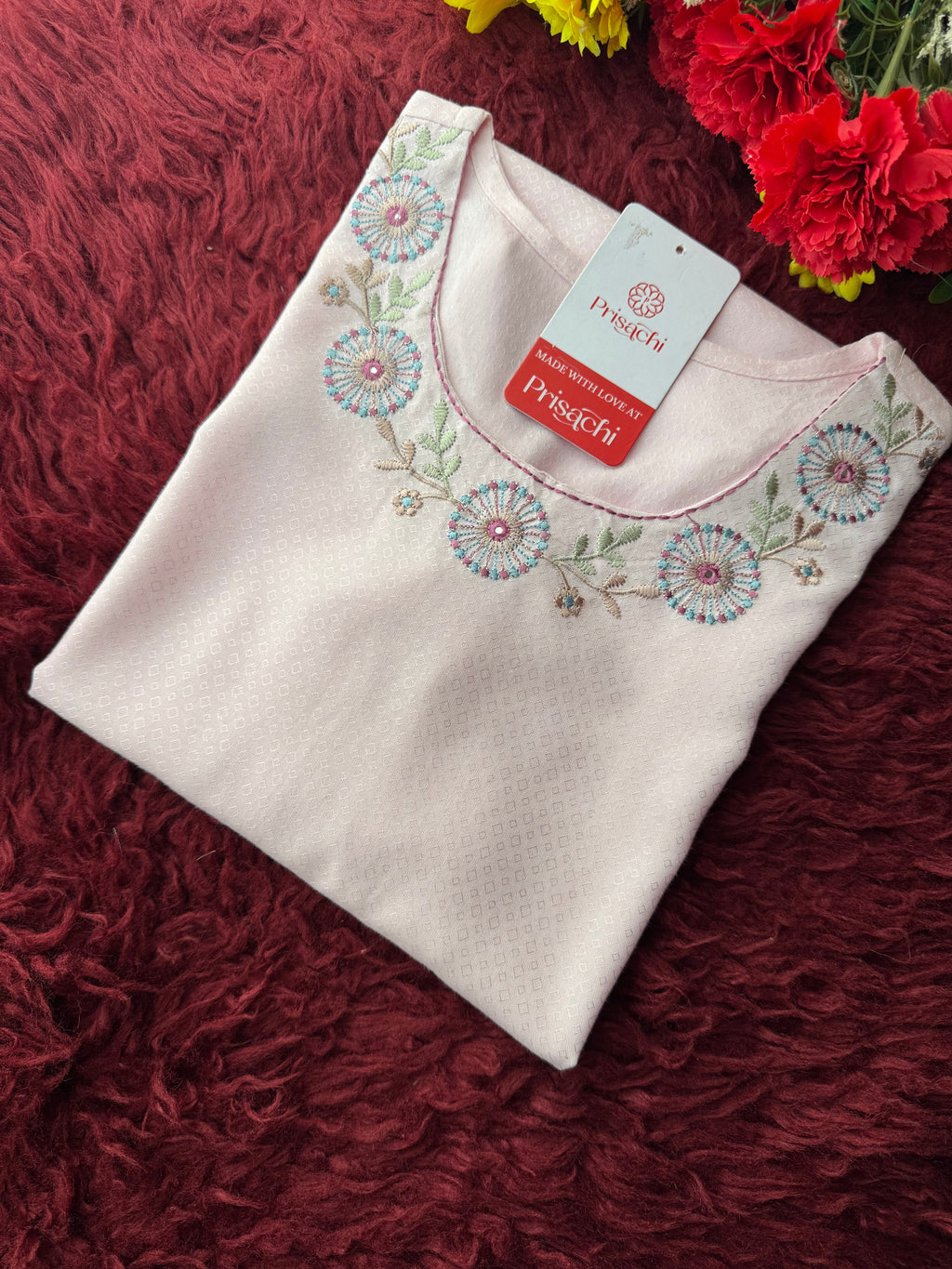 Baby Pink Short Straight Embroidered Kurti for Women | Casual Office Wear Ethnic