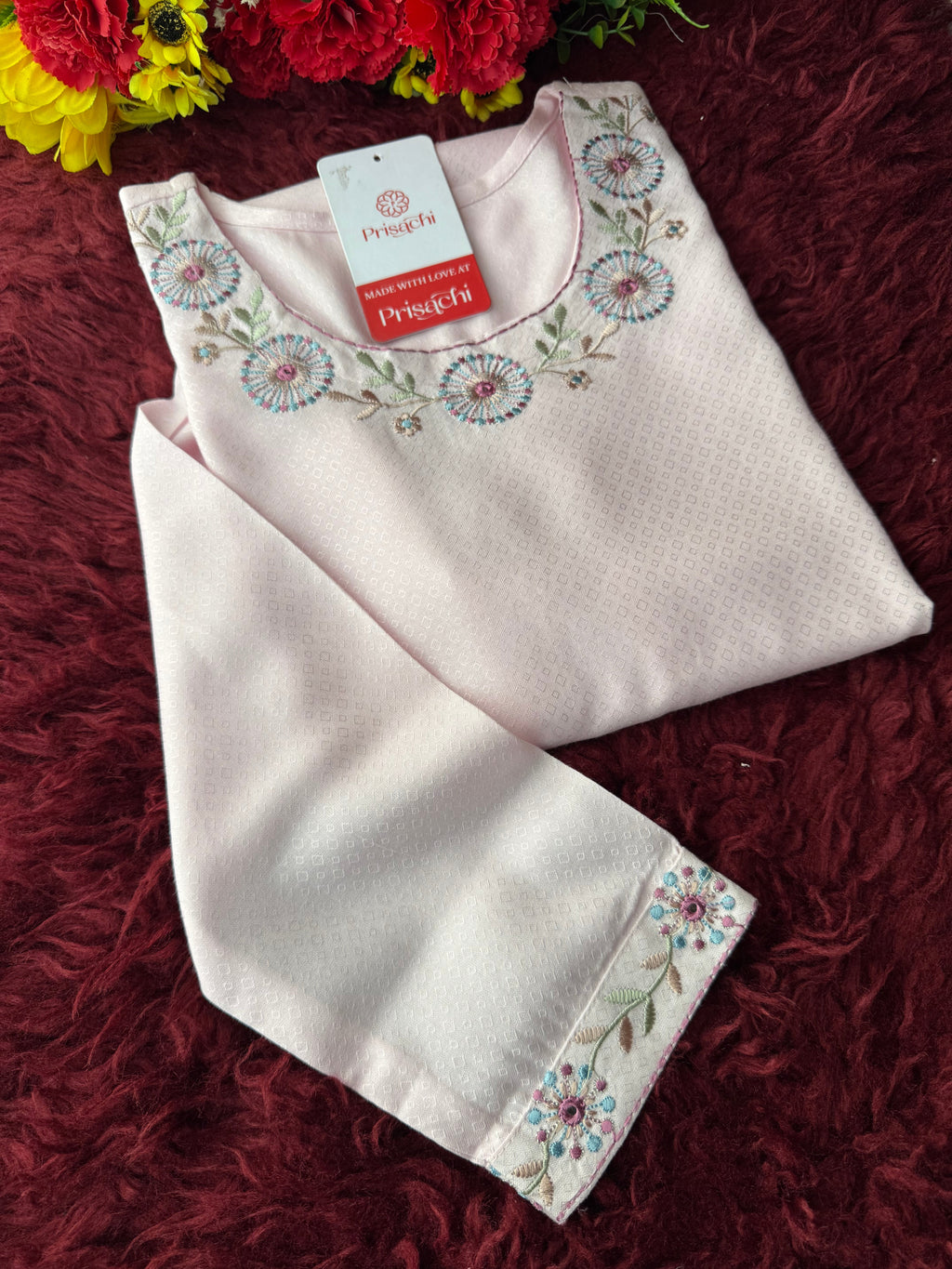 Baby Pink Short Straight Embroidered Kurti for Women | Casual Office Wear Ethnic