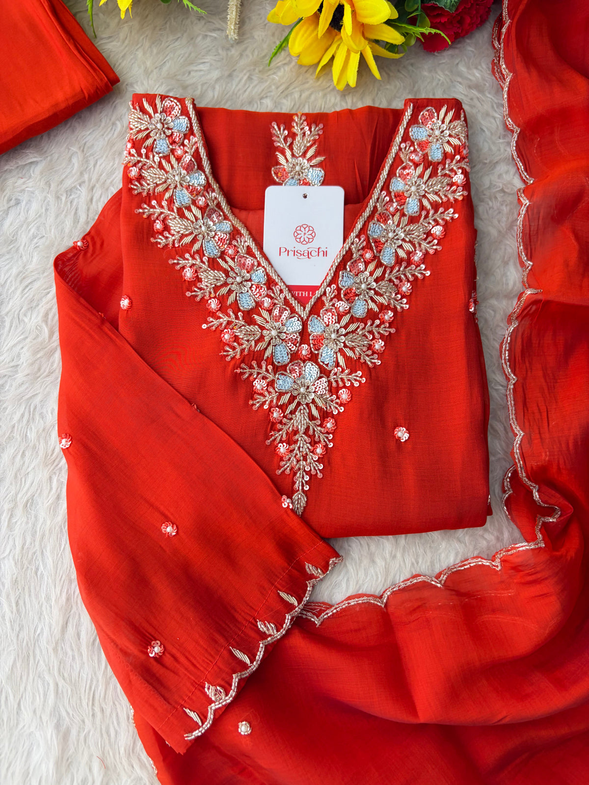 Orange Zardozi Embroidered Ethnic Kurta Set for Women with Dupatta & Pants | Festive Traditional Suit Set