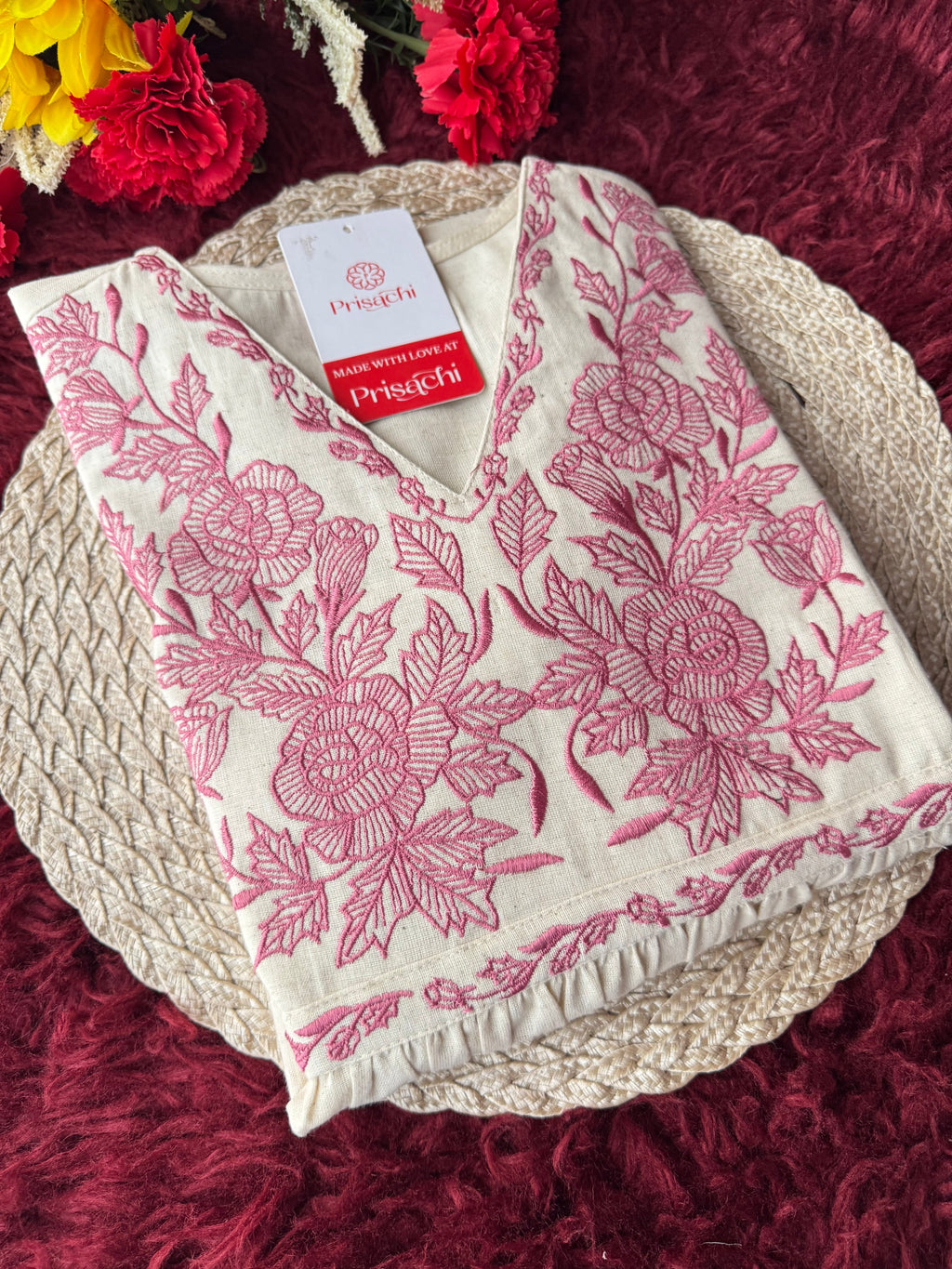Off White Short Straight Embroidered Kurti for Women | Casual Office Wear Ethnic Tunic