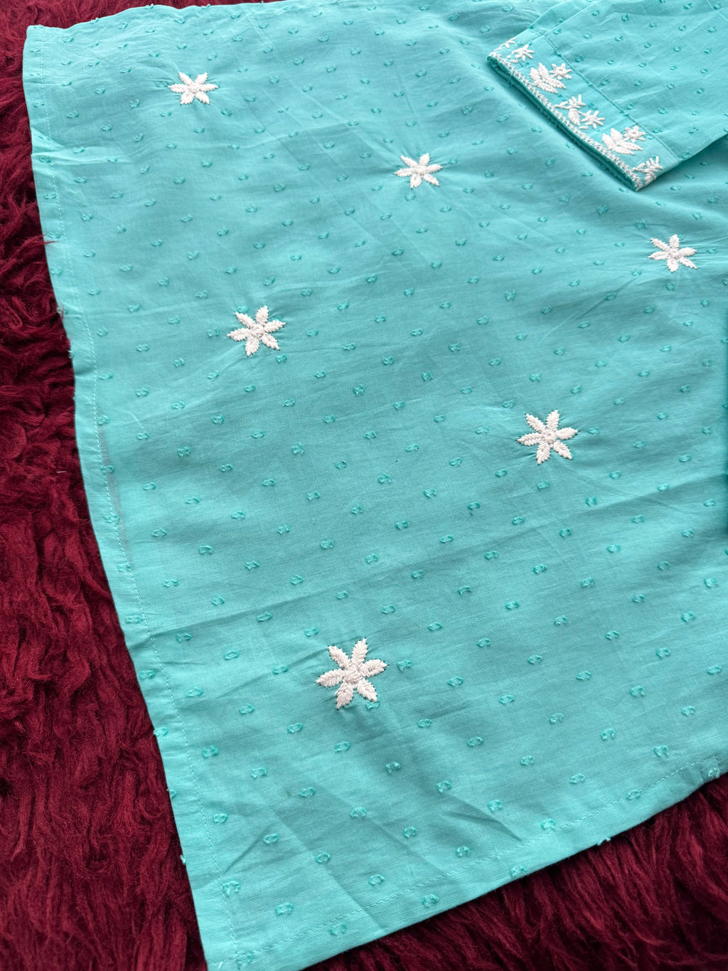 Aqua Blue Short Straight White Thread Embroidered Ethnic Kurti for Women
