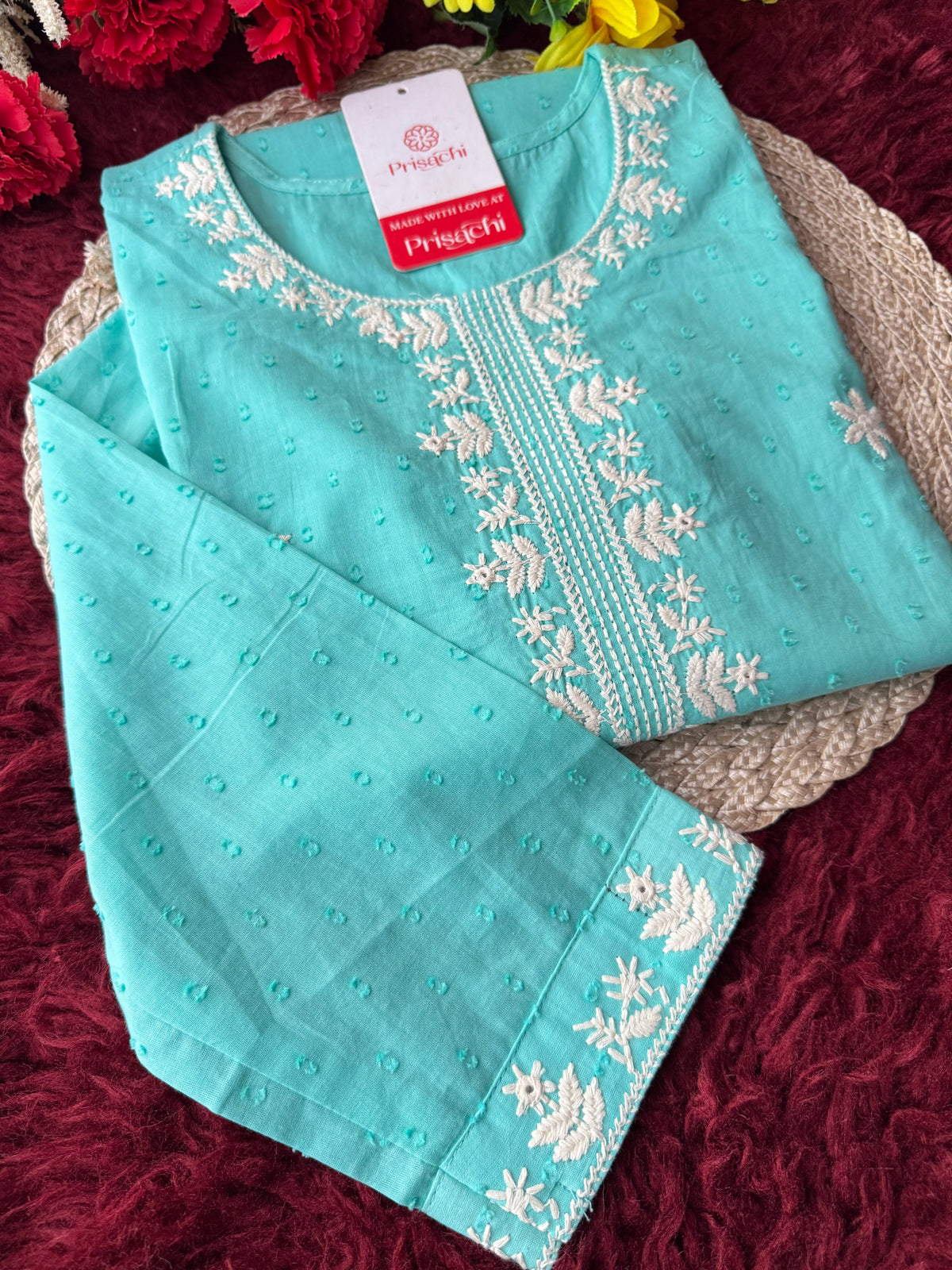 Aqua Blue Short Straight White Thread Embroidered Ethnic Kurti for Women