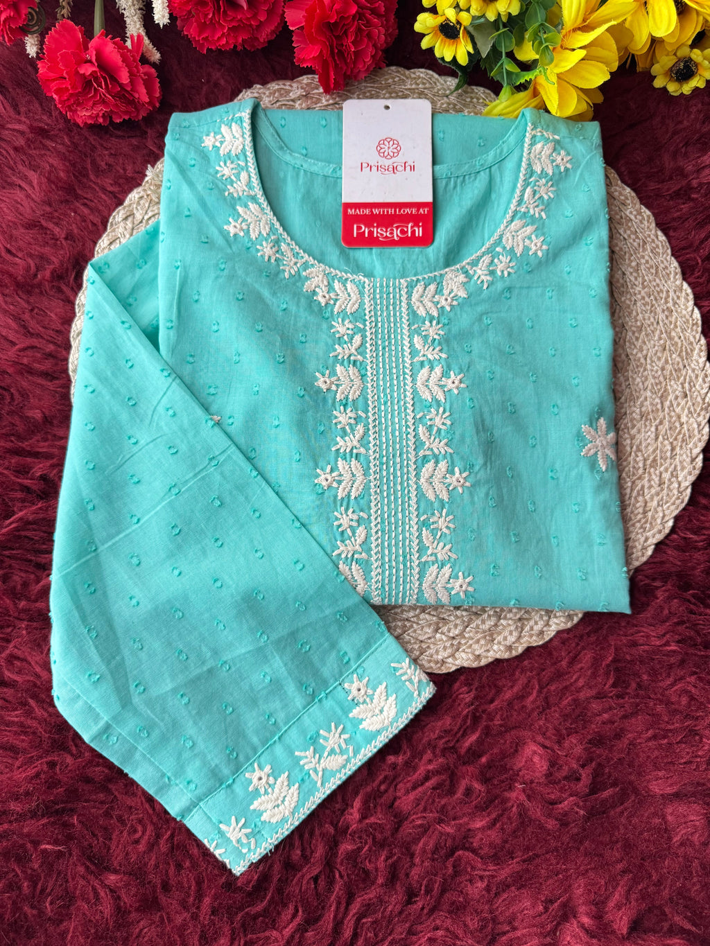 Aqua Blue Short Straight White Thread Embroidered Ethnic Kurti for Women