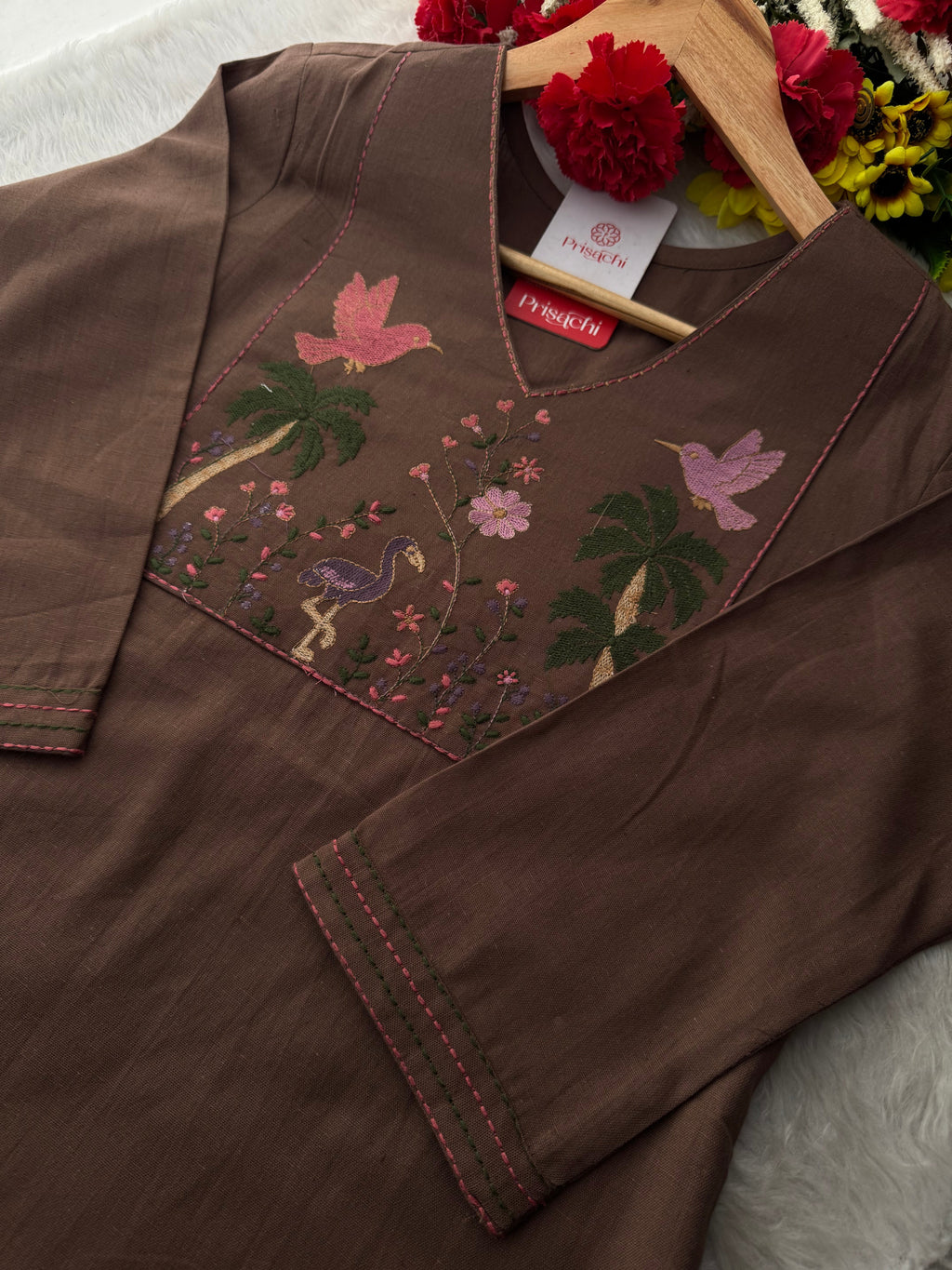 Brown Short Straight Thread Embroidered Ethnic Kurti for Women | Casual Office Wear Daily Wear
