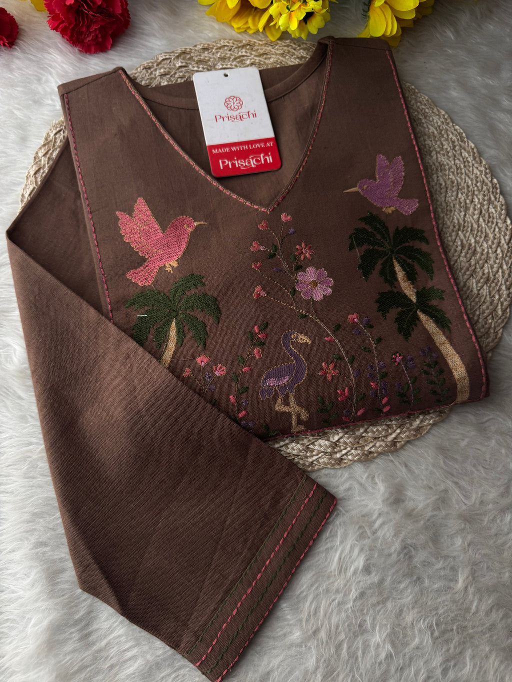 Brown Short Straight Thread Embroidered Ethnic Kurti for Women | Casual Office Wear Daily Wear