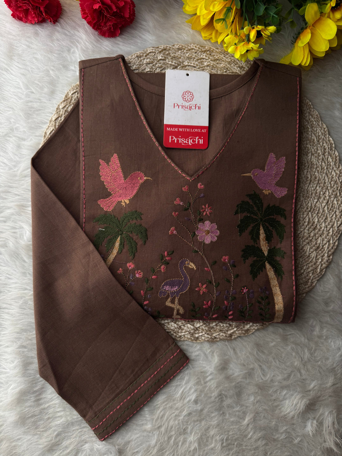 Brown Short Straight Thread Embroidered Ethnic Kurti for Women | Casual Office Wear Daily Wear
