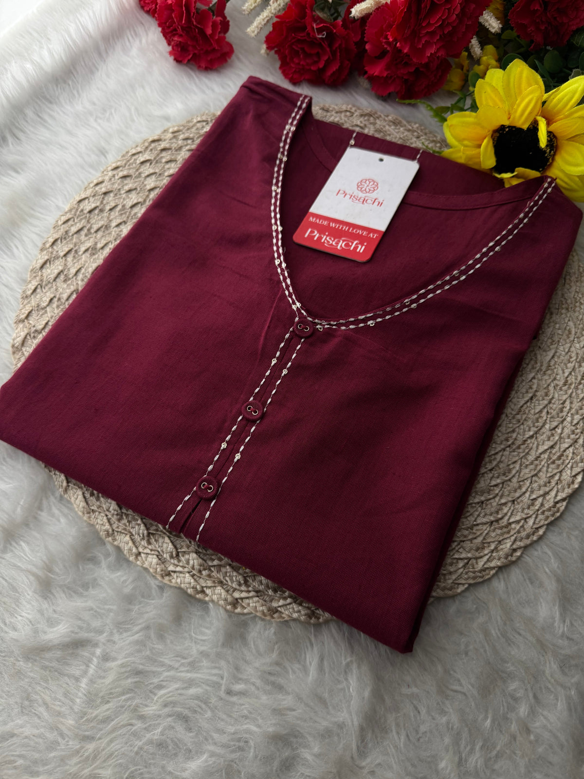 Wine Short Straight Thread Embroidered Kurti for Women