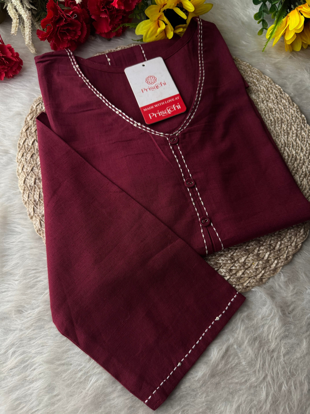 Wine Short Straight Thread Embroidered Kurti for Women