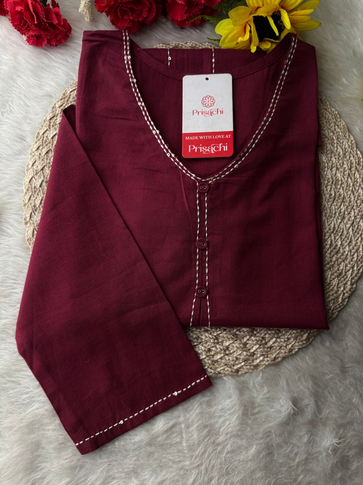 Wine Short Straight Thread Embroidered Kurti for Women